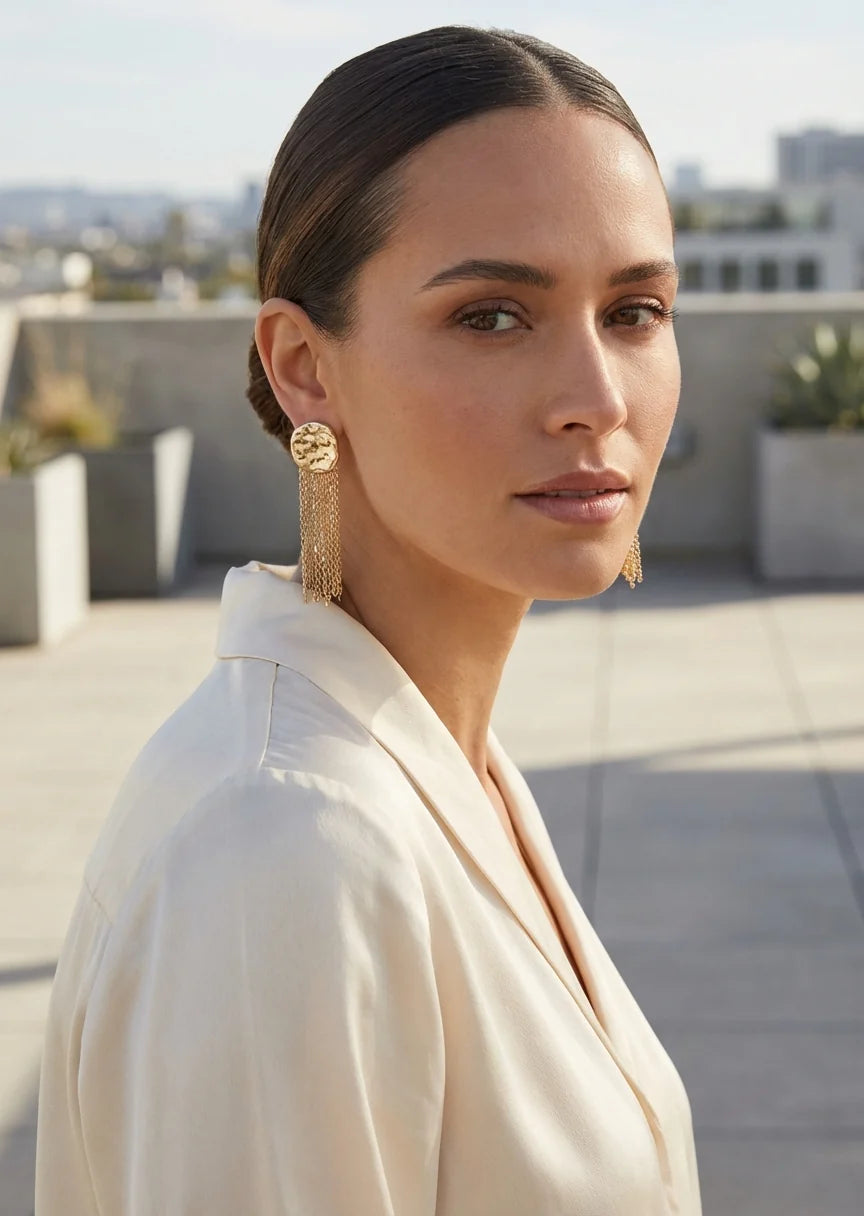 Gold Hammered disc tassel earrings