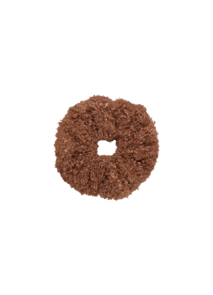 Black Colour BCRUBY single brown boucle hair scrunchie centered on a plain white background.
