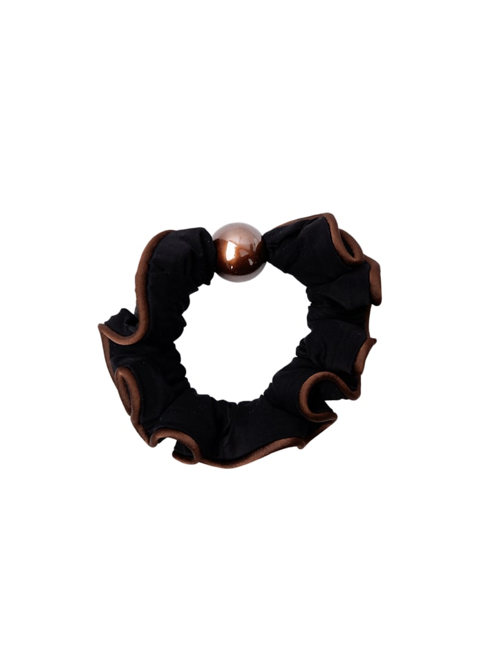 BLack Colour BCTERESA Mini Satin scrunchie in black featuring a central metallic rose gold ball accent, shown against a plain white background.