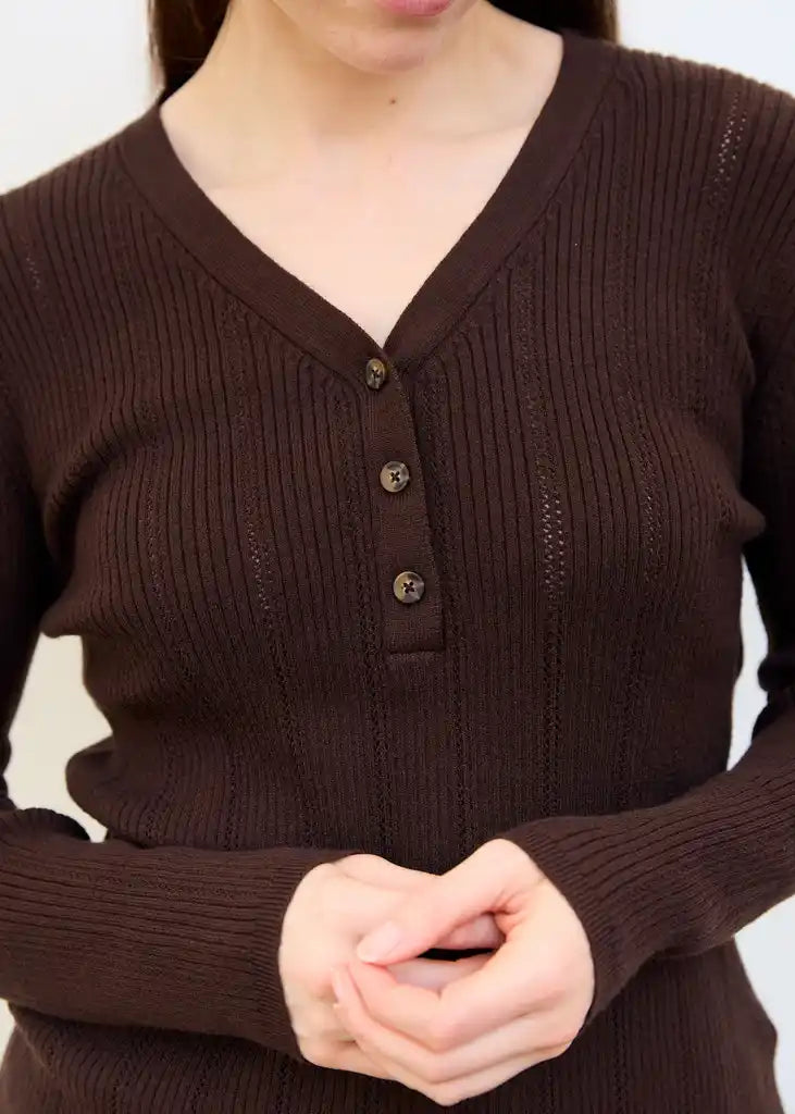 Ribbed Henley Top in Chocolate