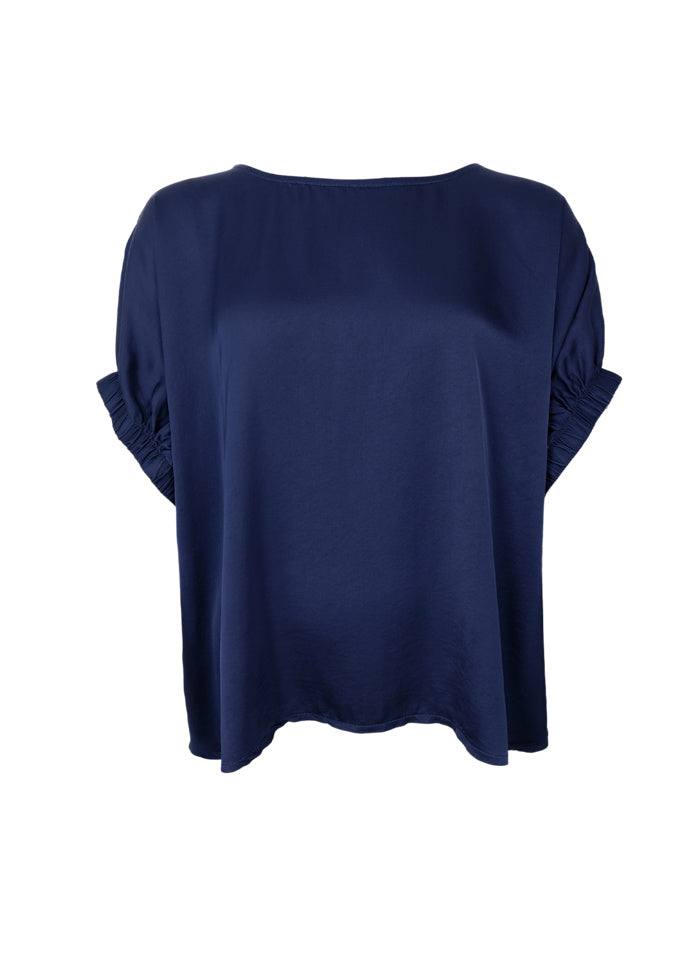 Black Colour BCMABEL Blouse in navy a blue short-sleeve top with a wide boat neckline and gathered, ruffled sleeves, shown against a plain white background.