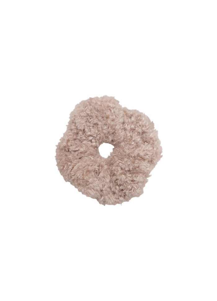 Black Colour BCRUBY fluffy, textured hair scrunchie in a light taupe-beige color, centered on a solid white background.