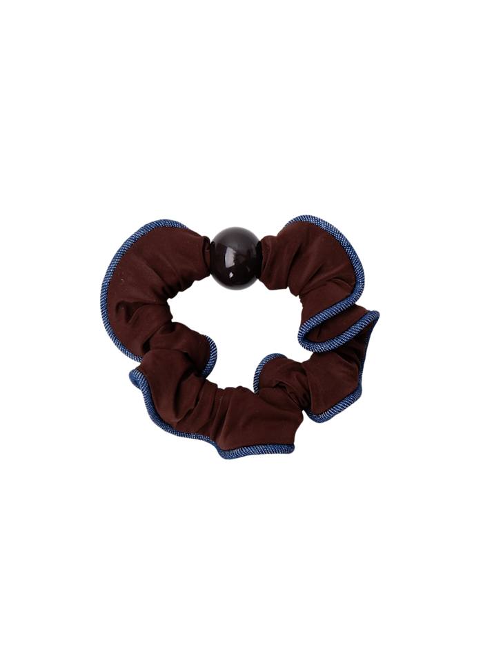 Black Colour BCTERESA mini satin scrunchie chocolate brown and jeans colourway. 