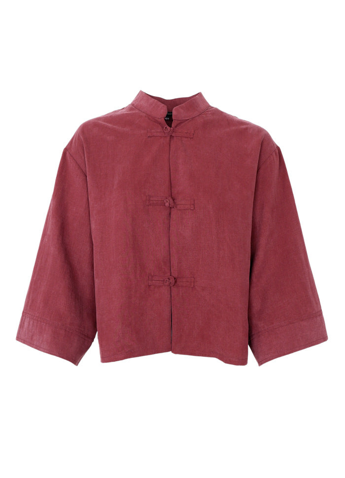 Black Colour BCMOON Shirt Blouse in plum – front view showing mandarin collar and frog button fastenings